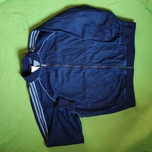 Adidas Blue With Silver Stripes Denim Bomber Jacket Large Size JX6461
